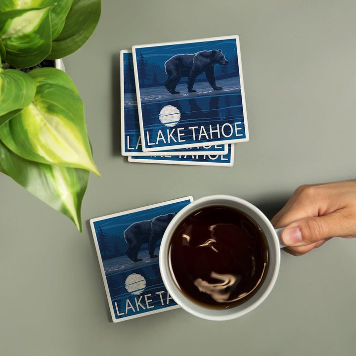 Lake Tahoe, California, Bear at Night, Coasters Coasters Lantern Press