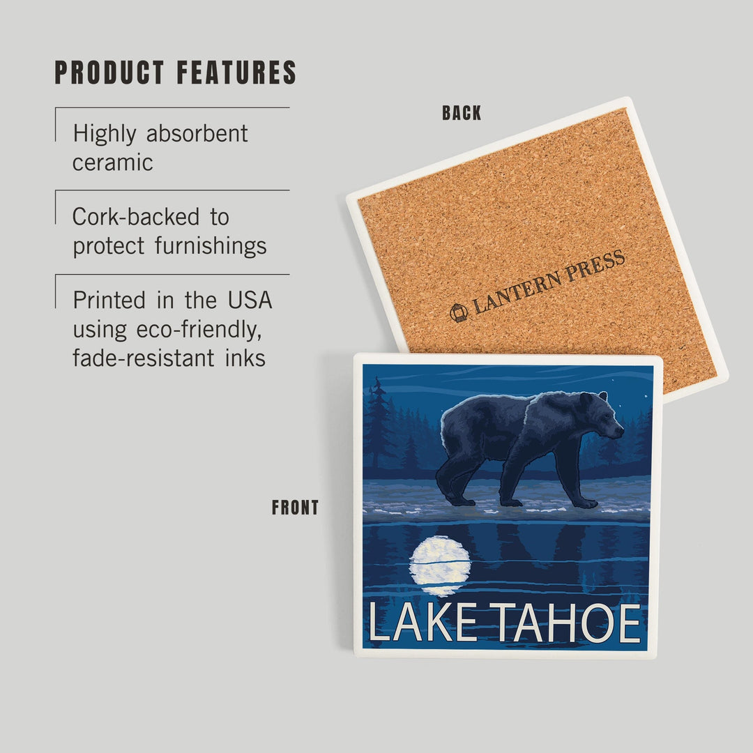Lake Tahoe, California, Bear at Night, Coasters Coasters Lantern Press