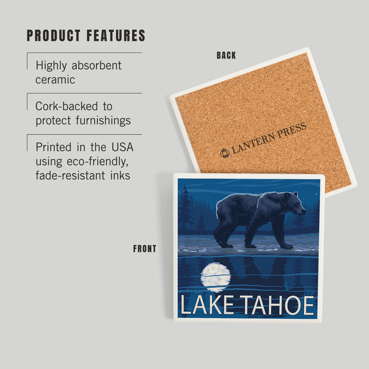 Lake Tahoe, California, Bear at Night, Coasters Coasters Lantern Press