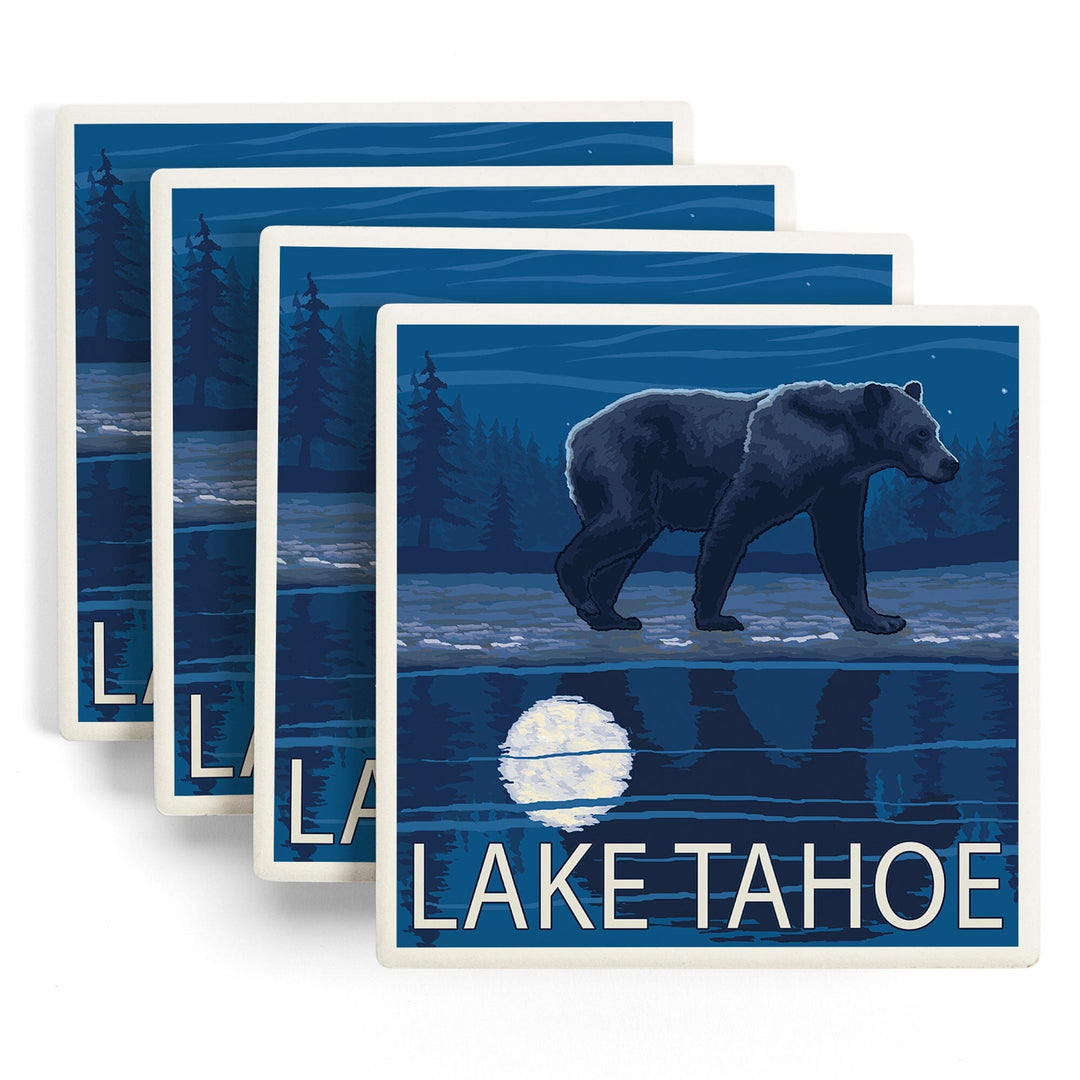 Lake Tahoe, California, Bear at Night, Coasters Coasters Lantern Press