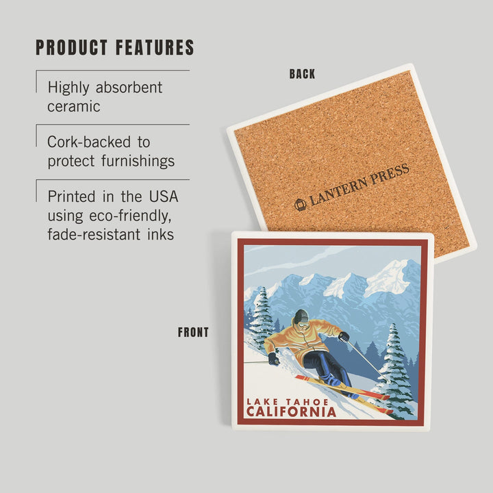Lake Tahoe, California, Downhill Snow Skier, Coasters Coasters Lantern Press