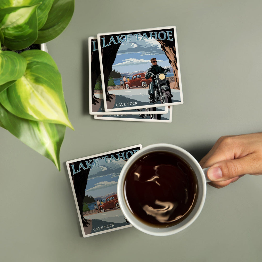 Lake Tahoe, California, Motorcycle Scene, Coasters Coasters Lantern Press