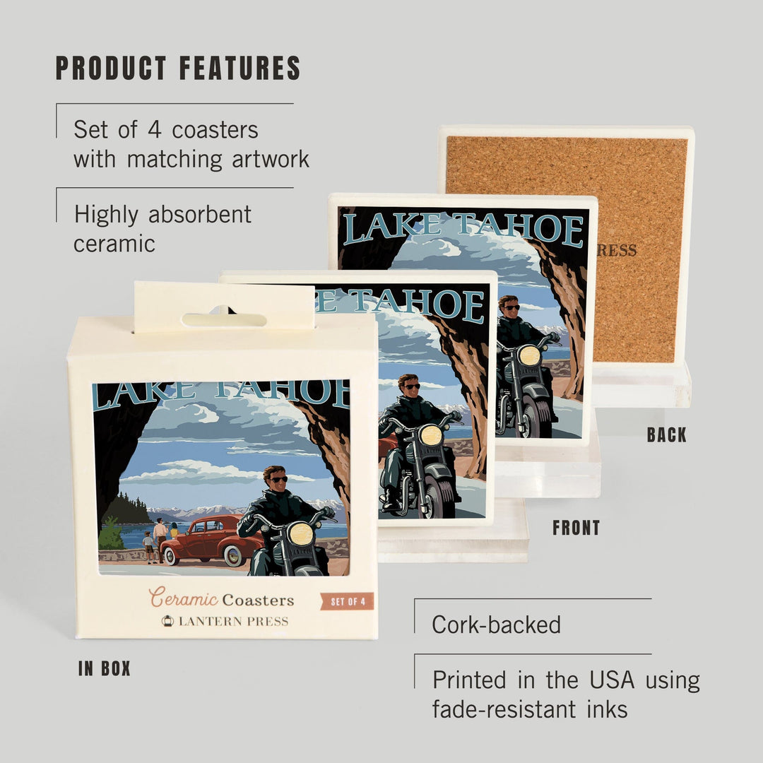 Lake Tahoe, California, Motorcycle Scene, Coasters Coasters Lantern Press