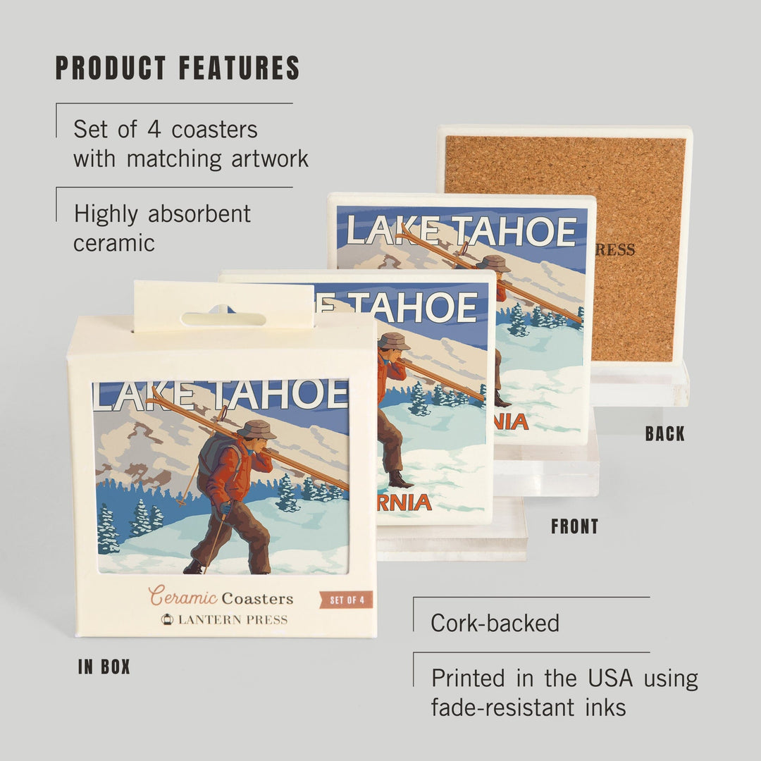 Lake Tahoe, California, Skier Carrying Snow Skis, Coasters Coasters Lantern Press