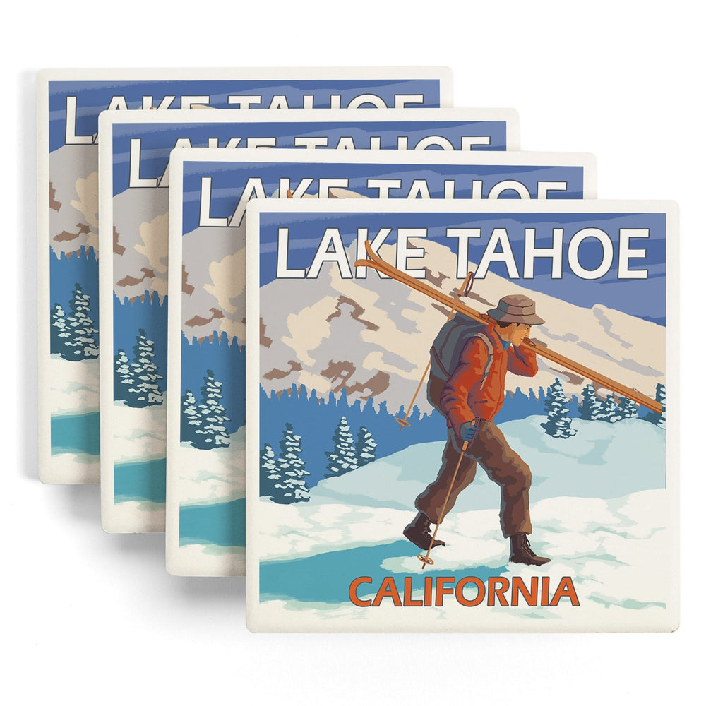 Lake Tahoe, California, Skier Carrying Snow Skis, Coasters Coasters Lantern Press