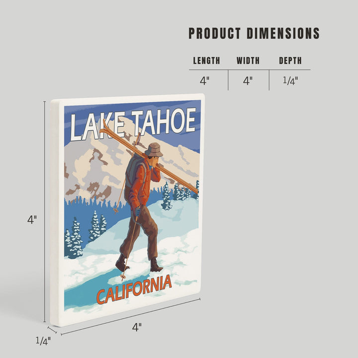 Lake Tahoe, California, Skier Carrying Snow Skis, Coasters Coasters Lantern Press