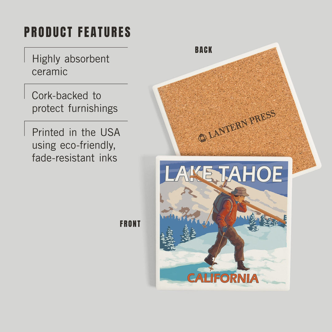 Lake Tahoe, California, Skier Carrying Snow Skis, Coasters Coasters Lantern Press