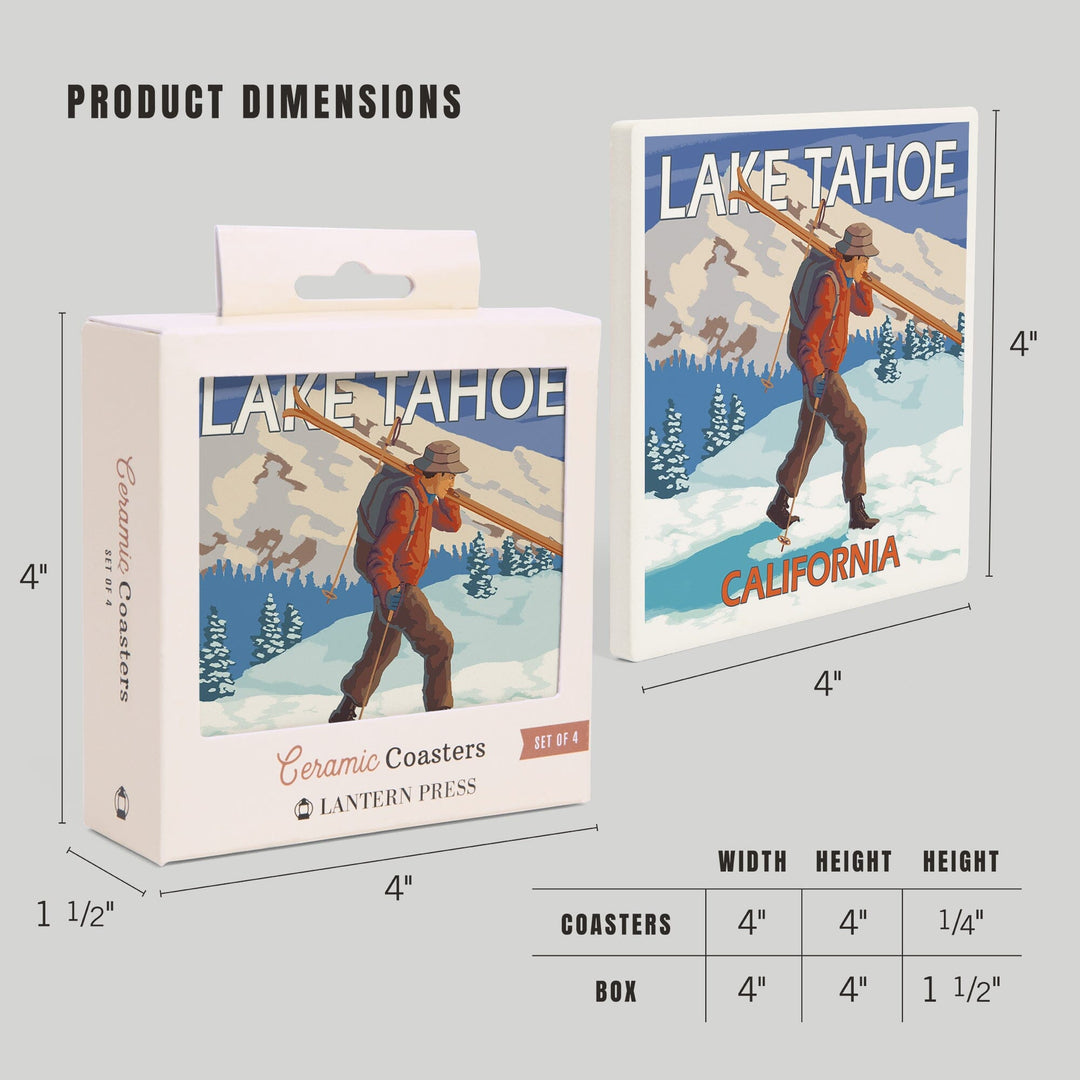 Lake Tahoe, California, Skier Carrying Snow Skis, Coasters Coasters Lantern Press