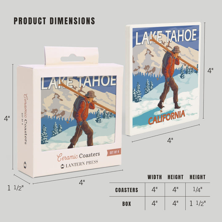 Lake Tahoe, California, Skier Carrying Snow Skis, Coasters Coasters Lantern Press