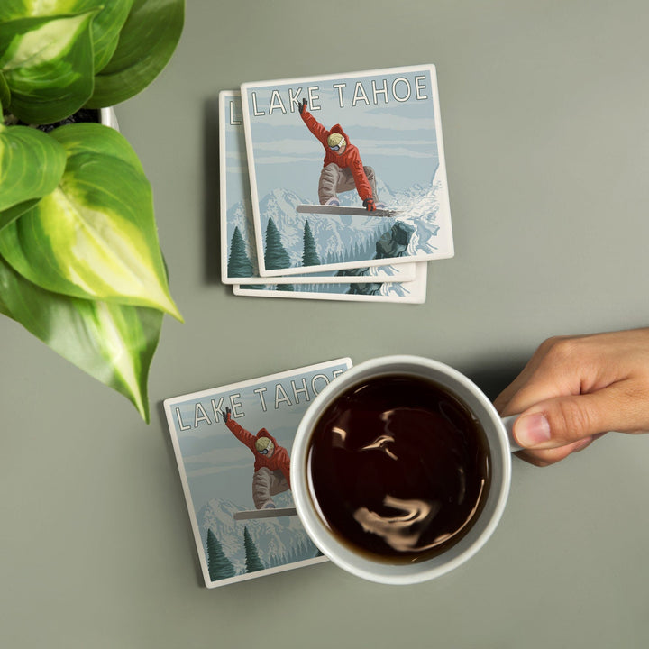 Lake Tahoe, California, Snowboarder Jumping, Coasters Coasters Lantern Press