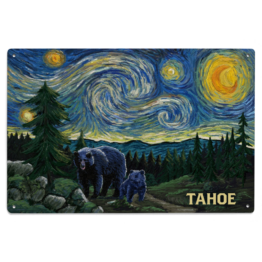 Lake Tahoe, California, Starry Night, Black Bear and Cub, Wood Signs and Postcards Wood Lantern Press
