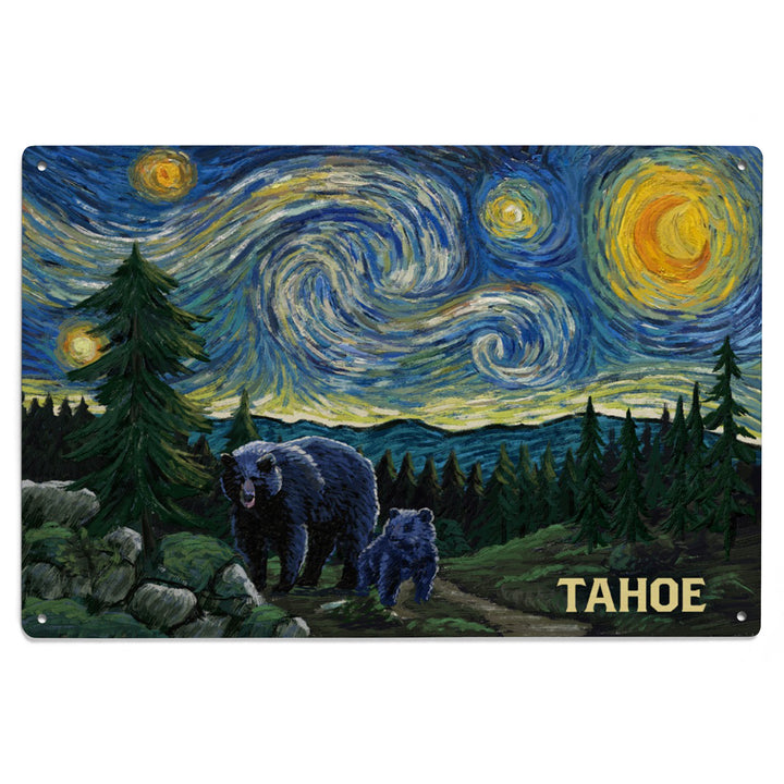 Lake Tahoe, California, Starry Night, Black Bear and Cub, Wood Signs and Postcards Wood Lantern Press