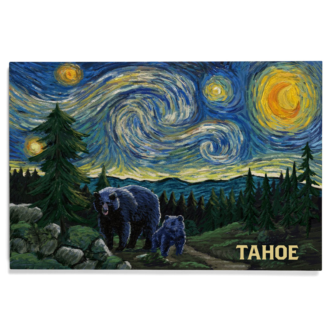 Lake Tahoe, California, Starry Night, Black Bear and Cub, Wood Signs and Postcards Wood Lantern Press
