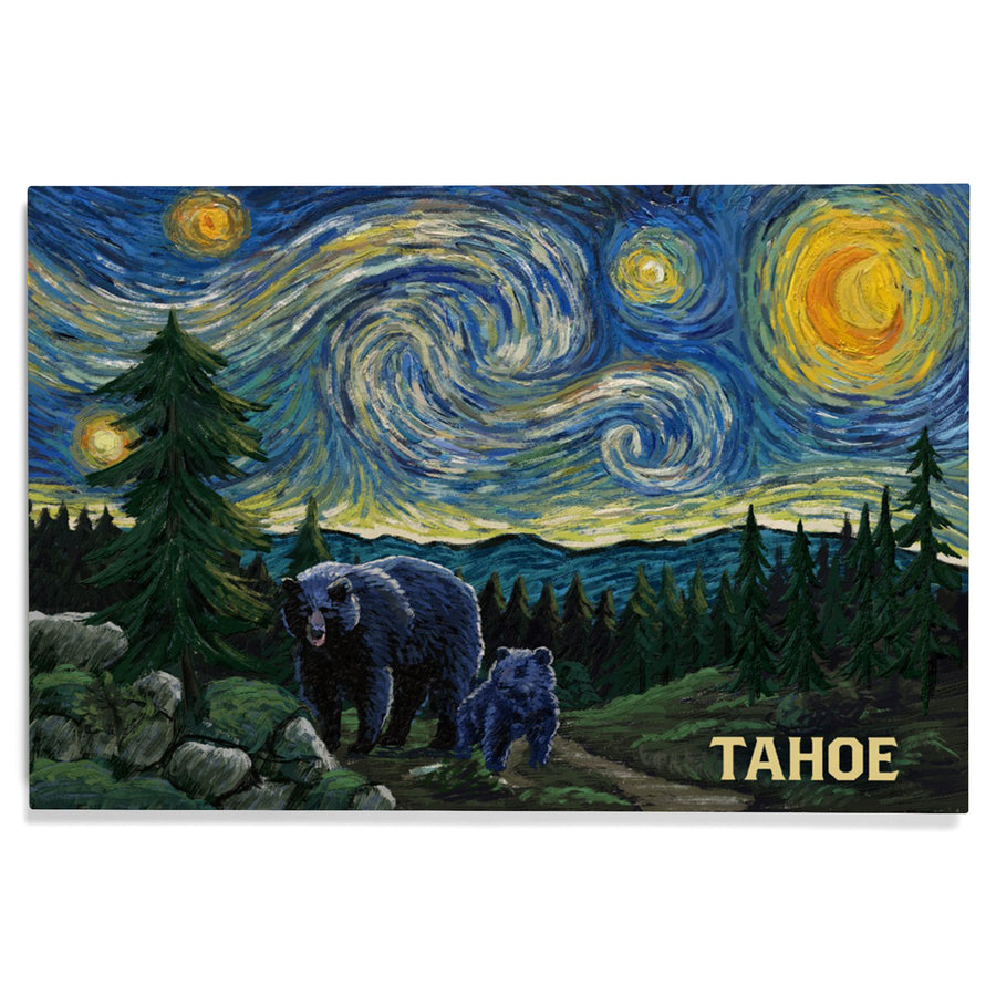 Lake Tahoe, California, Starry Night, Black Bear and Cub, Wood Signs and Postcards Wood Lantern Press