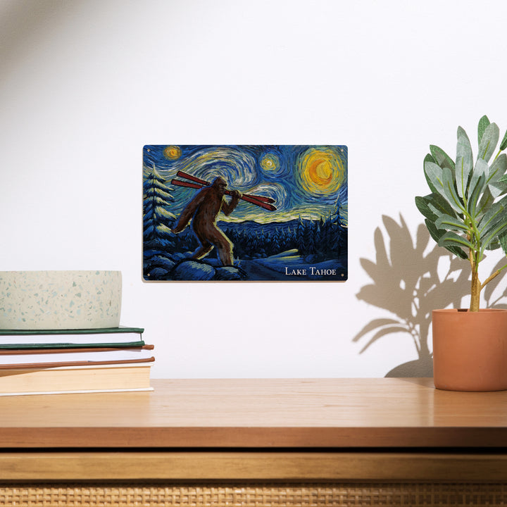 Lake Tahoe, California, Starry Night, Winter Bigfoot with Skis, Wood Signs and Postcards Wood Lantern Press