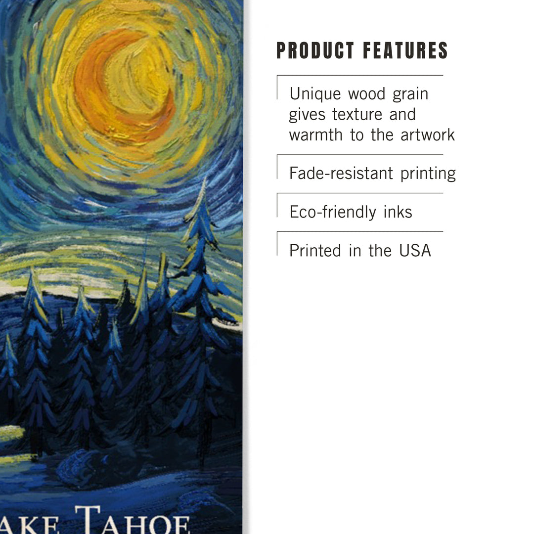 Lake Tahoe, California, Starry Night, Winter Bigfoot with Skis, Wood Signs and Postcards Wood Lantern Press