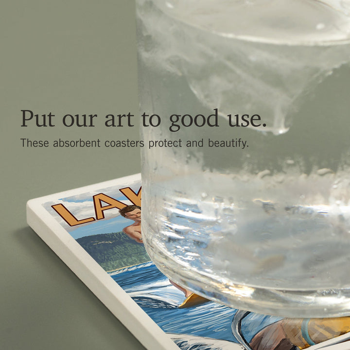 Lake Tahoe, California, Water Skiing Scene, Coasters Coasters Lantern Press