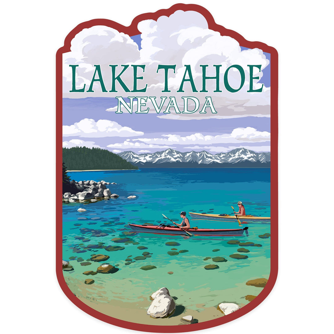 Lake Tahoe, Nevada, Kayakers in Cove, Contour, Lantern Press Artwork, Vinyl Sticker - Lantern Press