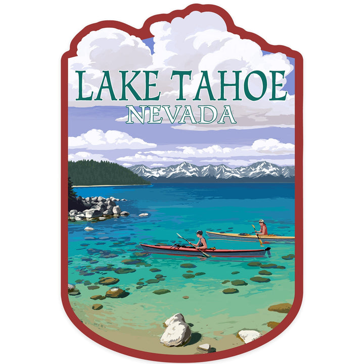 Lake Tahoe, Nevada, Kayakers in Cove, Contour, Lantern Press Artwork, Vinyl Sticker - Lantern Press