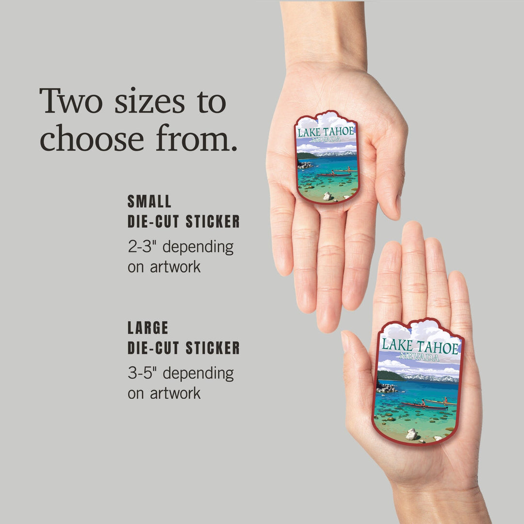 Lake Tahoe, Nevada, Kayakers in Cove, Contour, Lantern Press Artwork, Vinyl Sticker - Lantern Press