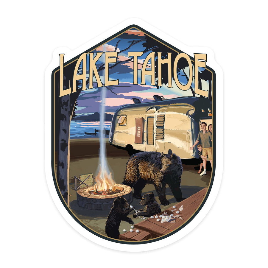 Lake Tahoe, Retro Camper and Lake, Contour, Vinyl Sticker - Lantern Press
