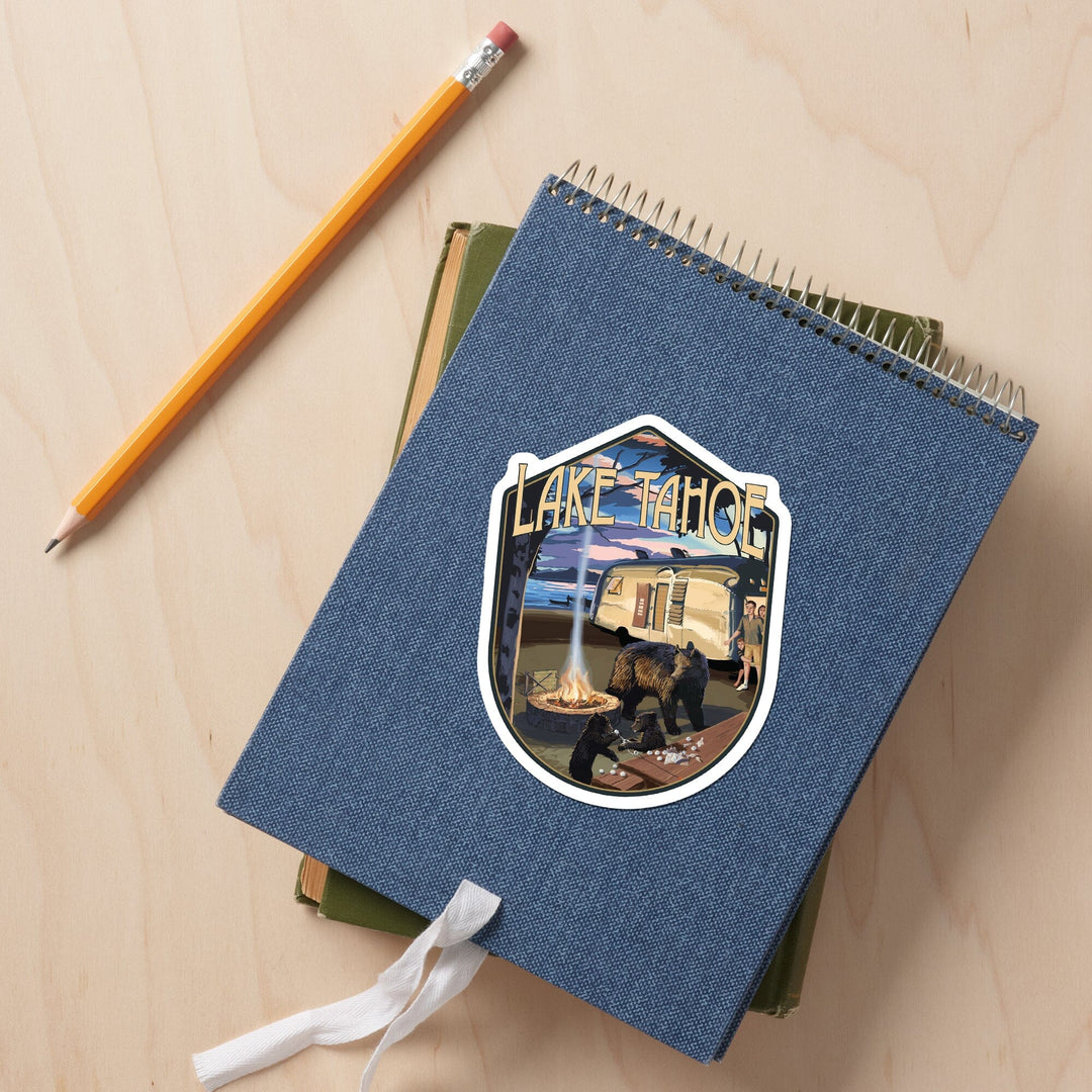 Lake Tahoe, Retro Camper and Lake, Contour, Vinyl Sticker - Lantern Press