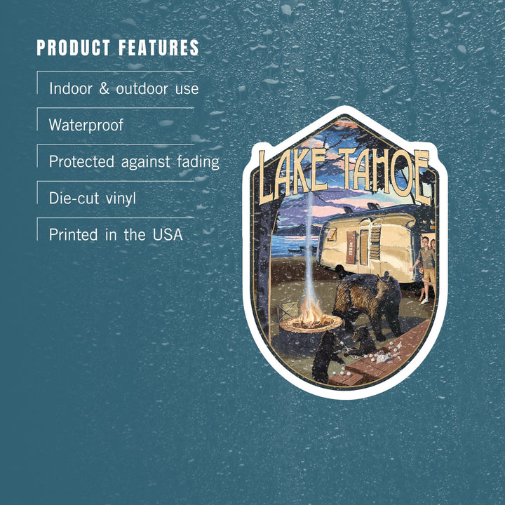 Lake Tahoe, Retro Camper and Lake, Contour, Vinyl Sticker - Lantern Press