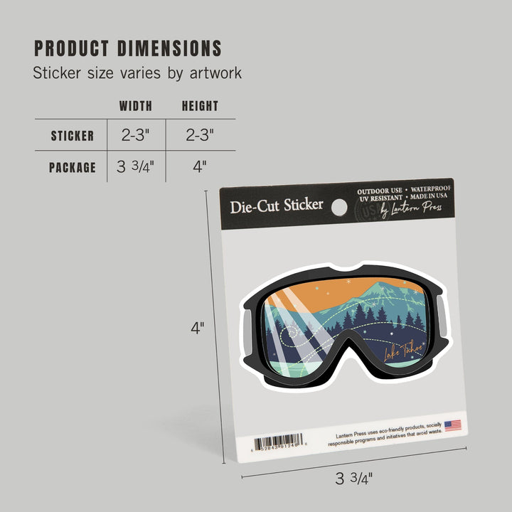 Lake Tahoe, Snow Goggles, Contour, Lantern Press Artwork, Vinyl Sticker - Lantern Press