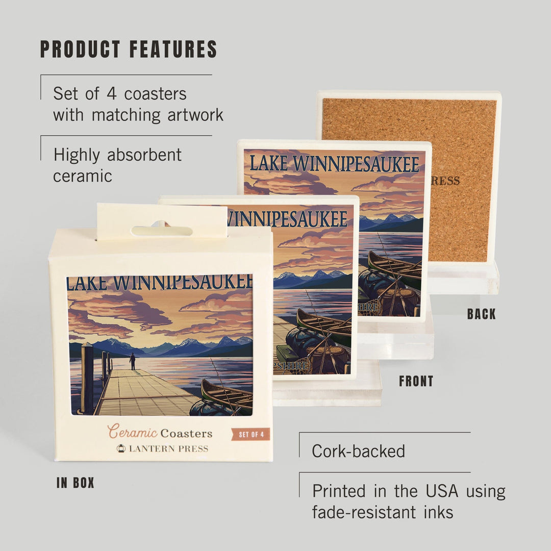 Lake Winnipesaukee, New Hampshire, Dock Scene at Sunset, Coasters Coasters Lantern Press