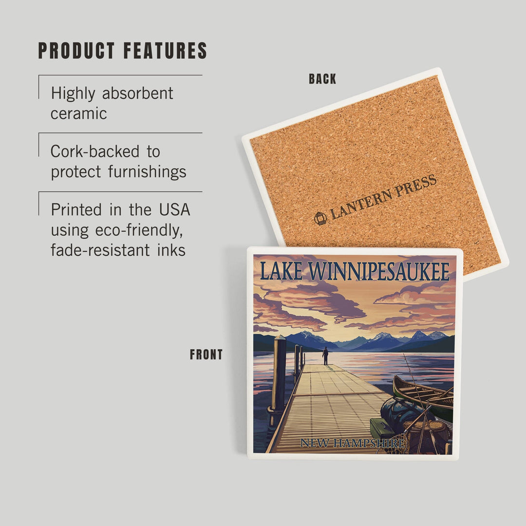 Lake Winnipesaukee, New Hampshire, Dock Scene at Sunset, Coasters Coasters Lantern Press