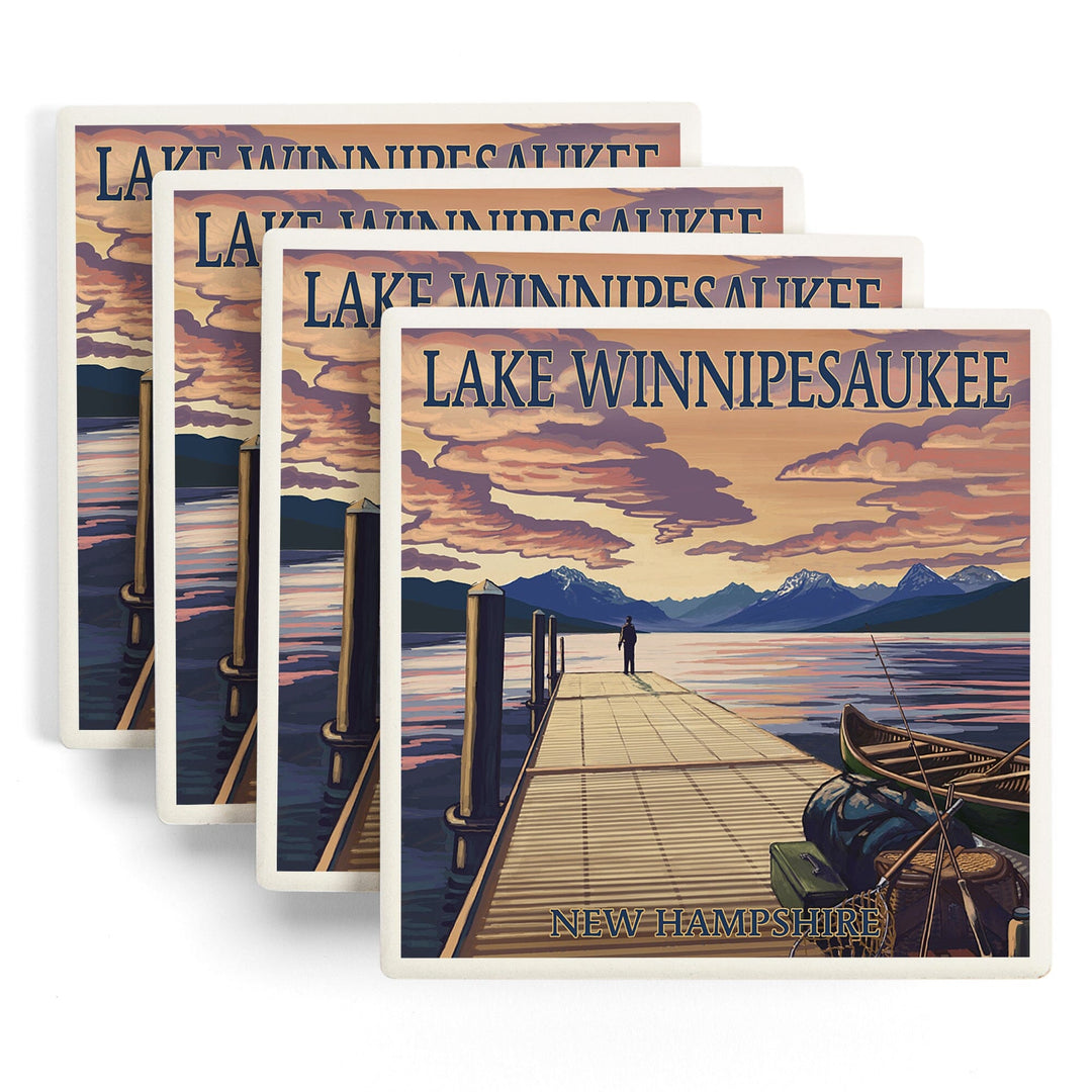 Lake Winnipesaukee, New Hampshire, Dock Scene at Sunset, Coasters Coasters Lantern Press