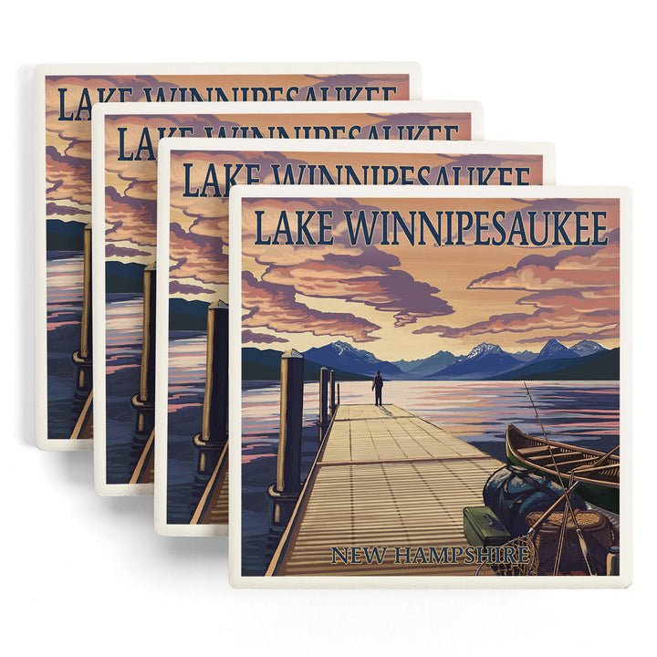 Lake Winnipesaukee, New Hampshire, Dock Scene at Sunset, Coasters Coasters Lantern Press