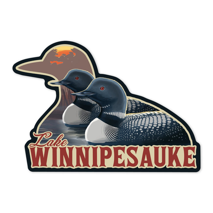 Lake Winnipesaukee, New Hampshire, Loons, Contour, Lantern Press Artwork, Vinyl Sticker - Lantern Press