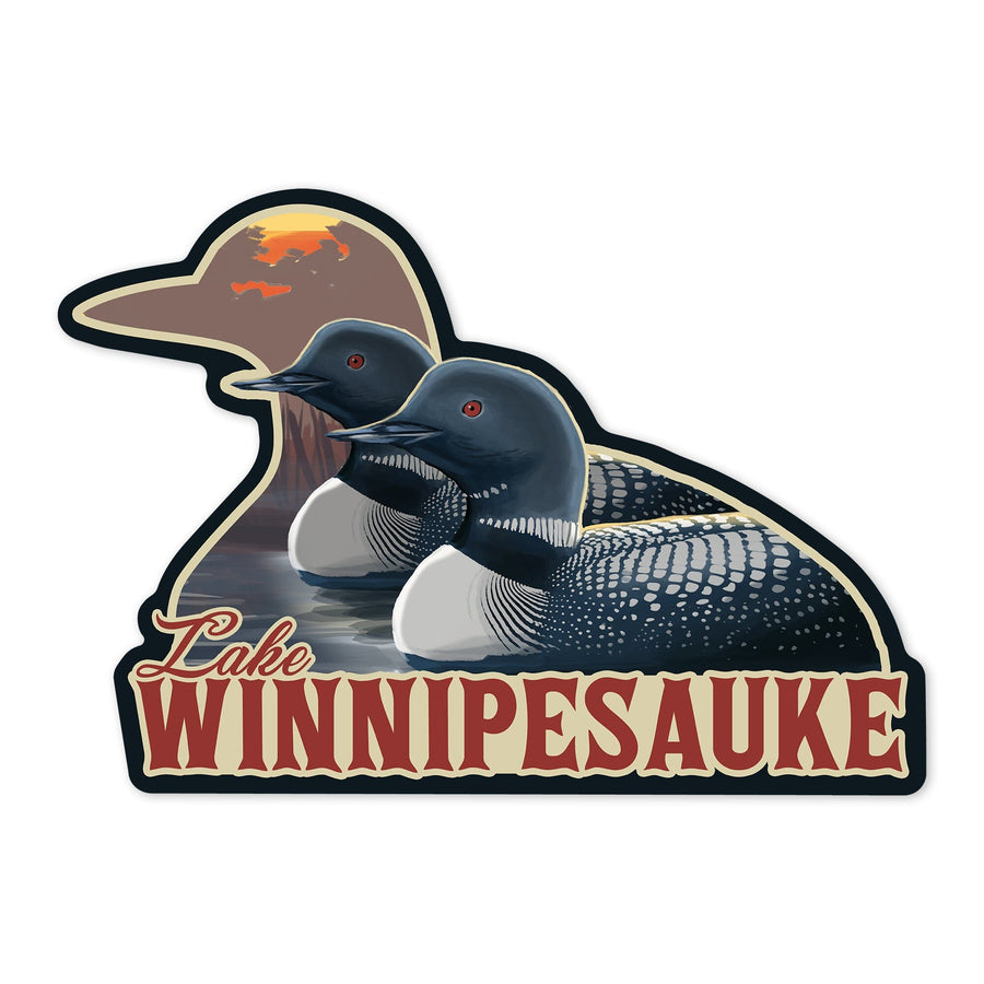 Lake Winnipesaukee, New Hampshire, Loons, Contour, Lantern Press Artwork, Vinyl Sticker - Lantern Press