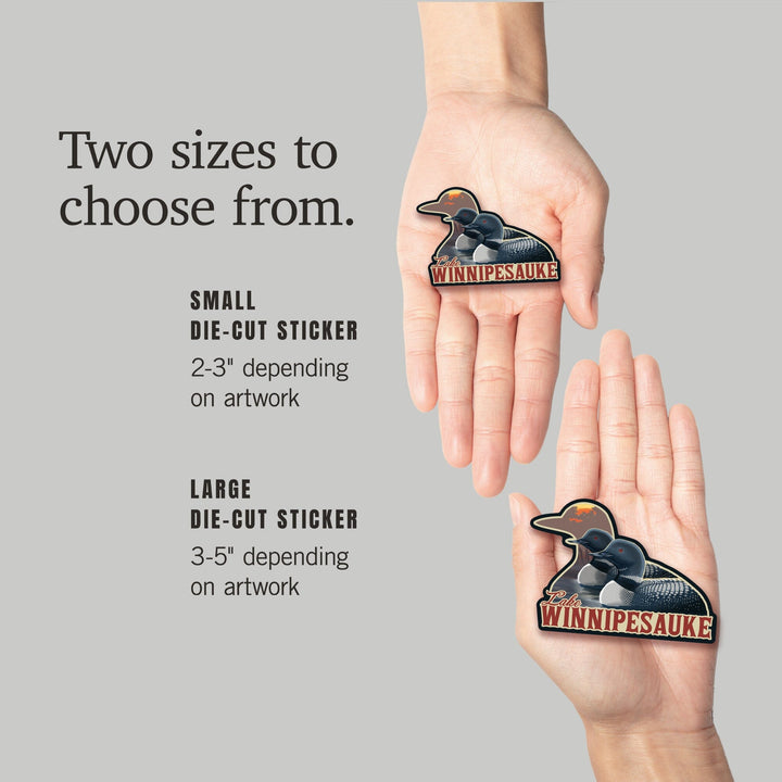 Lake Winnipesaukee, New Hampshire, Loons, Contour, Lantern Press Artwork, Vinyl Sticker - Lantern Press