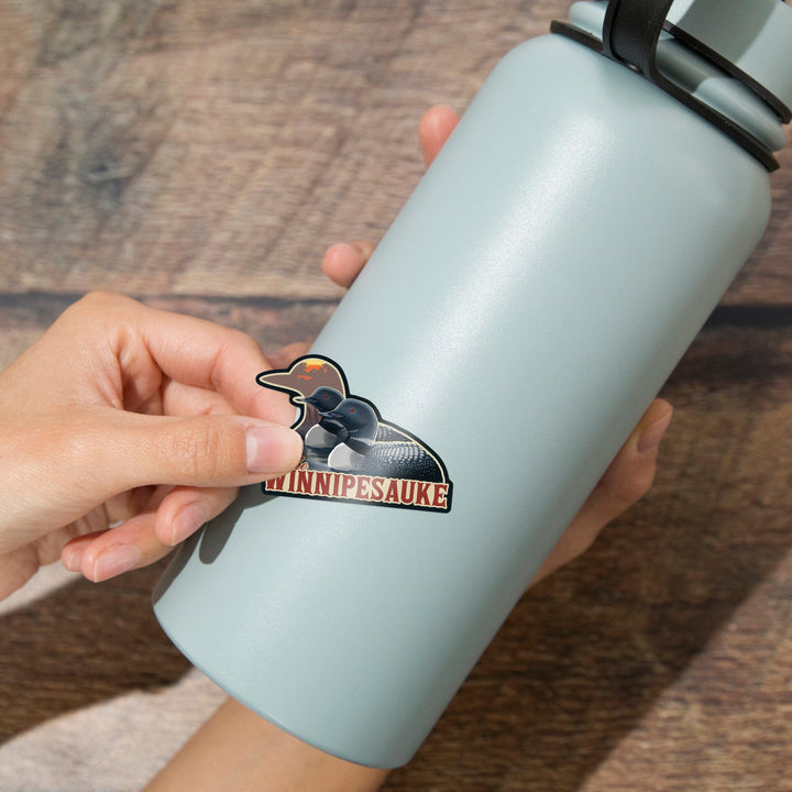 Lake Winnipesaukee, New Hampshire, Loons, Contour, Lantern Press Artwork, Vinyl Sticker - Lantern Press