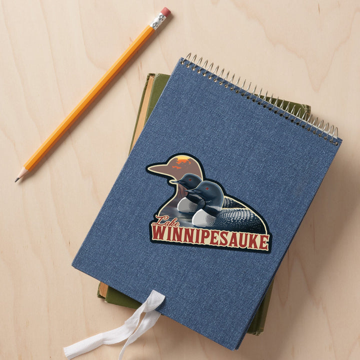 Lake Winnipesaukee, New Hampshire, Loons, Contour, Lantern Press Artwork, Vinyl Sticker - Lantern Press