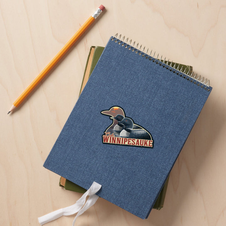 Lake Winnipesaukee, New Hampshire, Loons, Contour, Lantern Press Artwork, Vinyl Sticker - Lantern Press