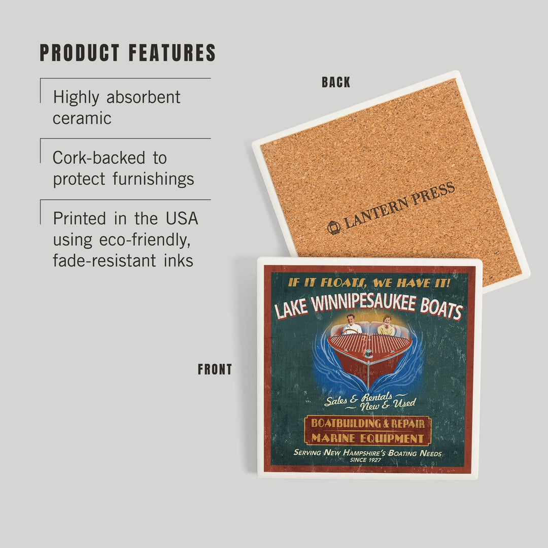 Lake Winnipesaukee, New Hampshire, Vintage Boat Sign, Coasters Coasters Lantern Press