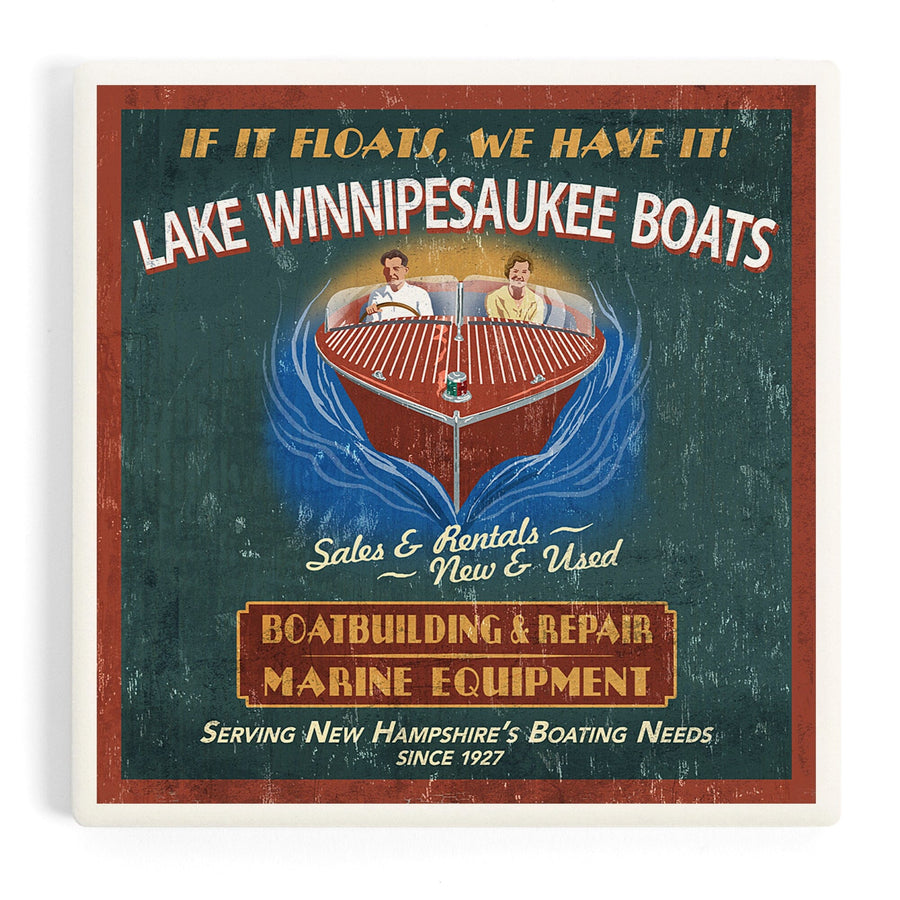 Lake Winnipesaukee, New Hampshire, Vintage Boat Sign, Coasters Coasters Lantern Press