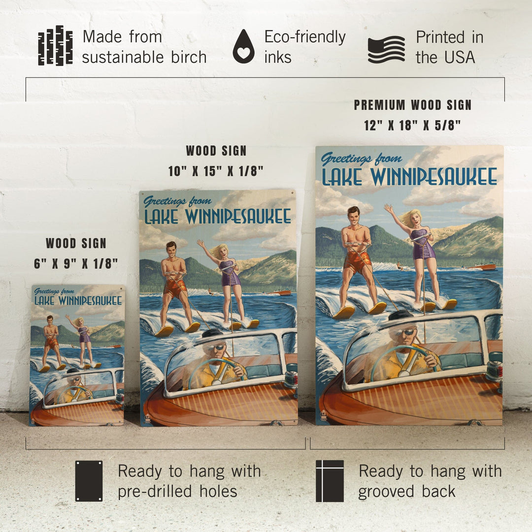 Lake Winnipesaukee, New Hampshire, Water Skiing Scene, Lantern Press Artwork, Wood Signs and Postcards - Lantern Press