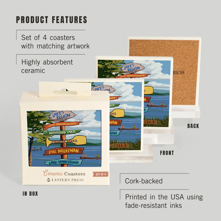 Lakes Region, New Hampshire, Destinations Sign, Coasters Coasters Lantern Press