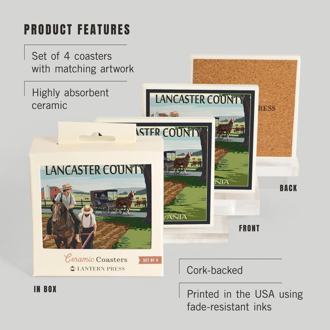 Lancaster County, Pennsylvania, Amish Farm Scene, Coasters Coasters Lantern Press