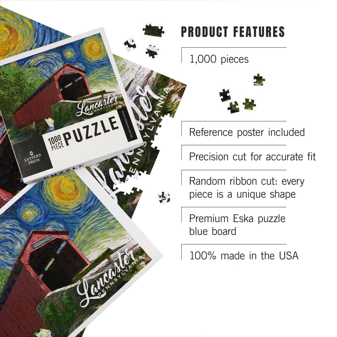 Lancaster County, Pennsylvania, Covered Bridge, Starry Night, Jigsaw Puzzle Puzzle Lantern Press