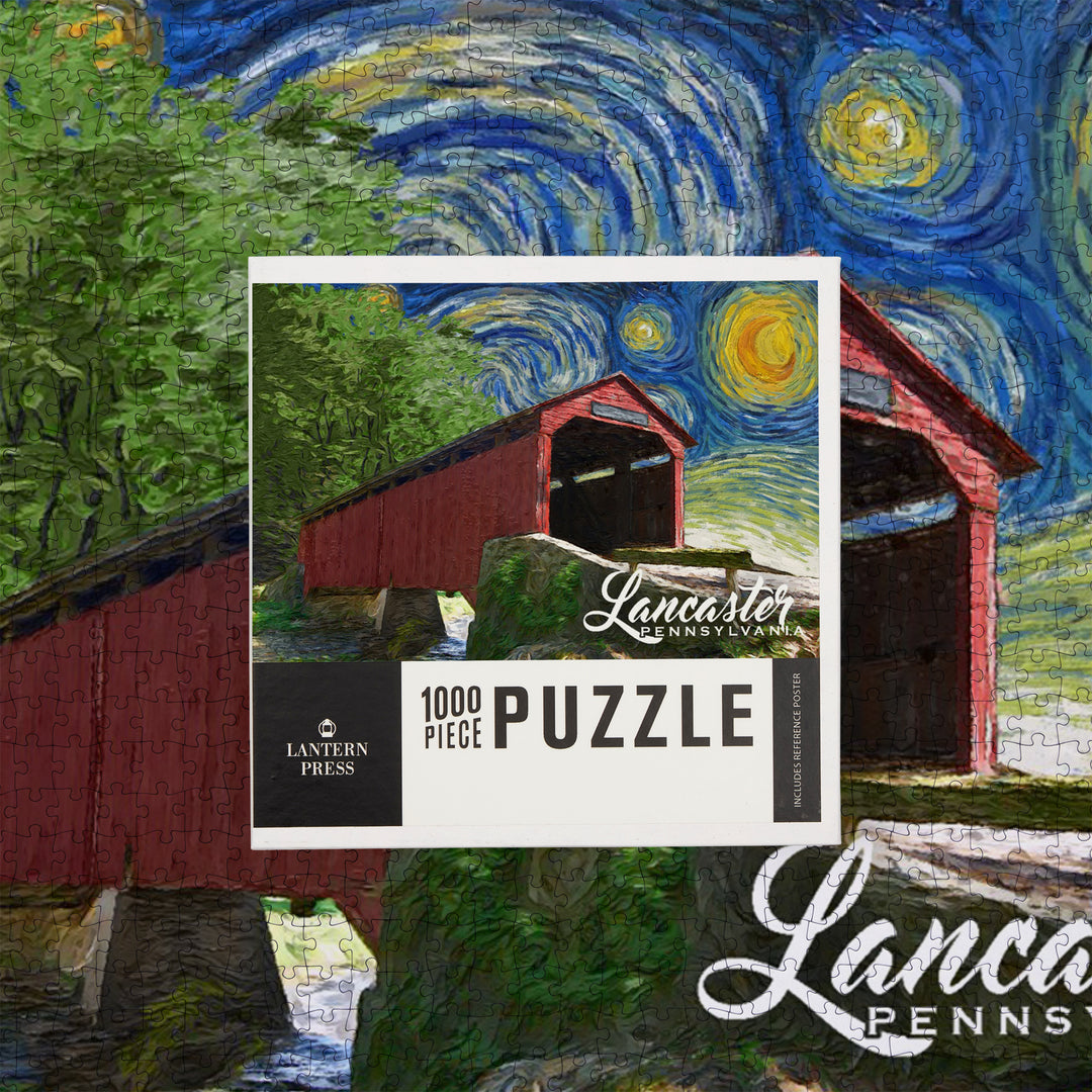 Lancaster County, Pennsylvania, Covered Bridge, Starry Night, Jigsaw Puzzle Puzzle Lantern Press