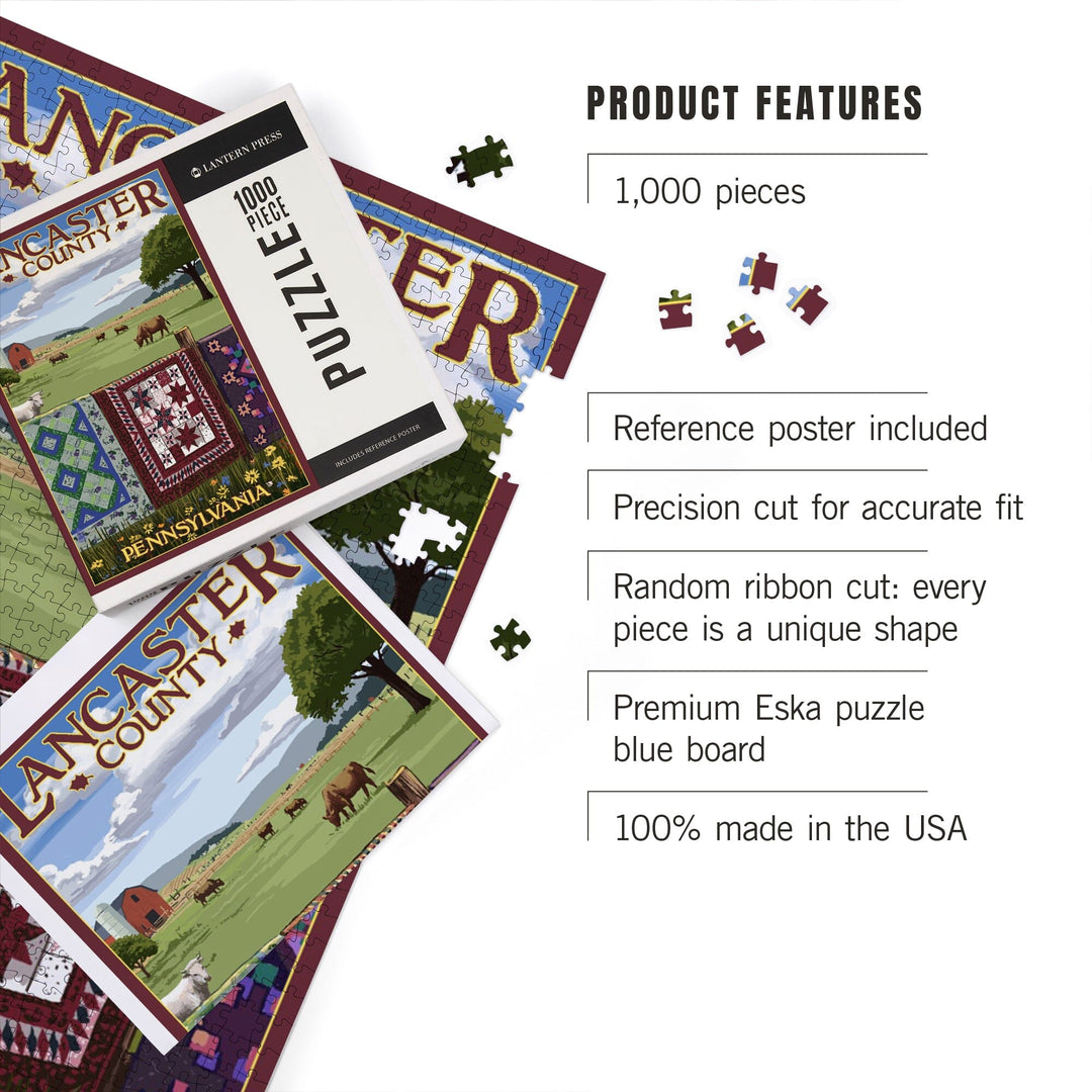 Lancaster County, Pennsylvania, View with Quilts on Fence, Jigsaw Puzzle Puzzle Lantern Press