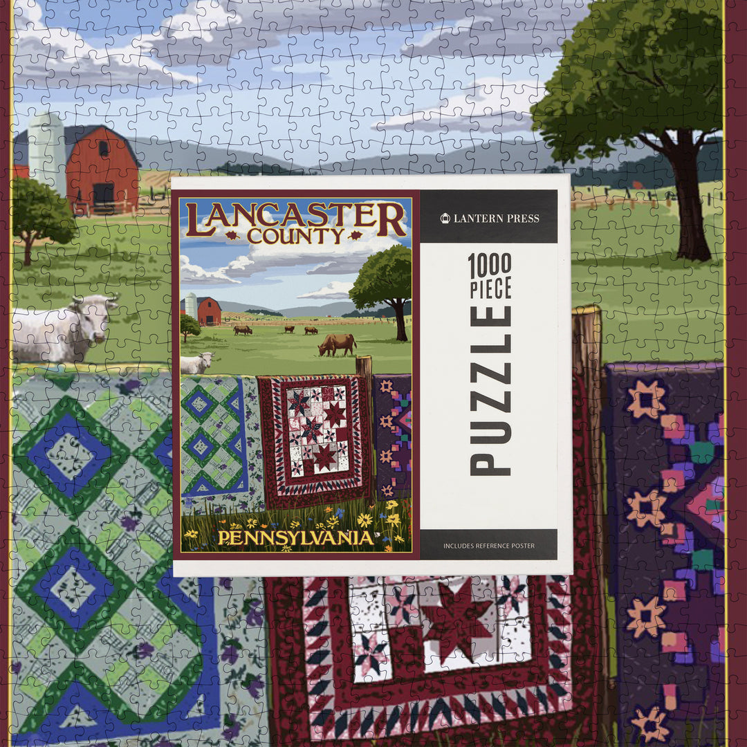 Lancaster County, Pennsylvania, View with Quilts on Fence, Jigsaw Puzzle Puzzle Lantern Press