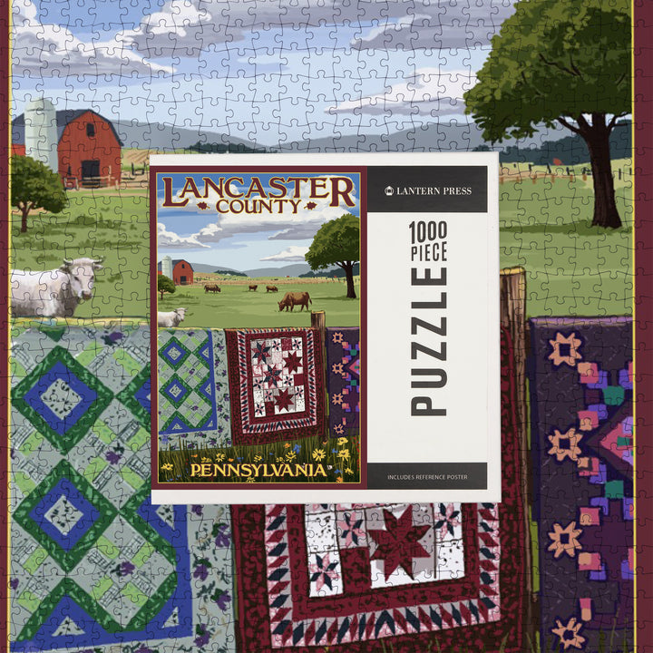 Lancaster County, Pennsylvania, View with Quilts on Fence, Jigsaw Puzzle Puzzle Lantern Press