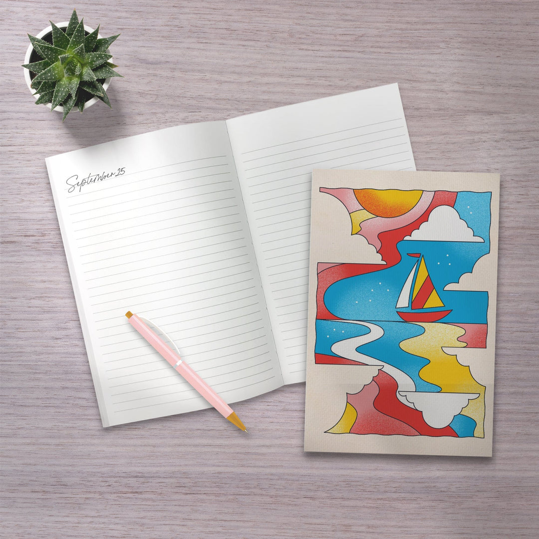 Lined 6x9 Journal, 70s Sunshine Collection, Sailboat, Lay Flat, 193 Pages, FSC paper Home Lantern Press