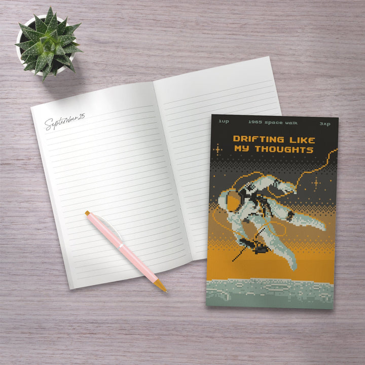 Lined 6x9 Journal, 8-Bit Space Collection, Astronaut, Drifting Like My Thoughts, Lay Flat, 193 Pages, FSC paper Home Lantern Press
